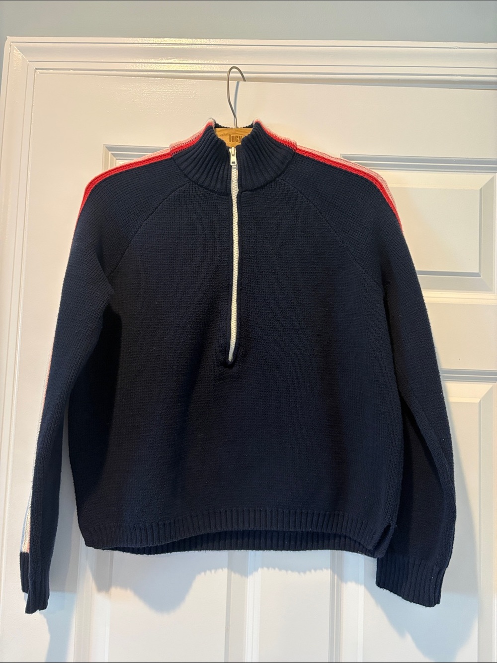 Marine Layer Navy Half-Zip Sweater with Red Shoulder Stripe